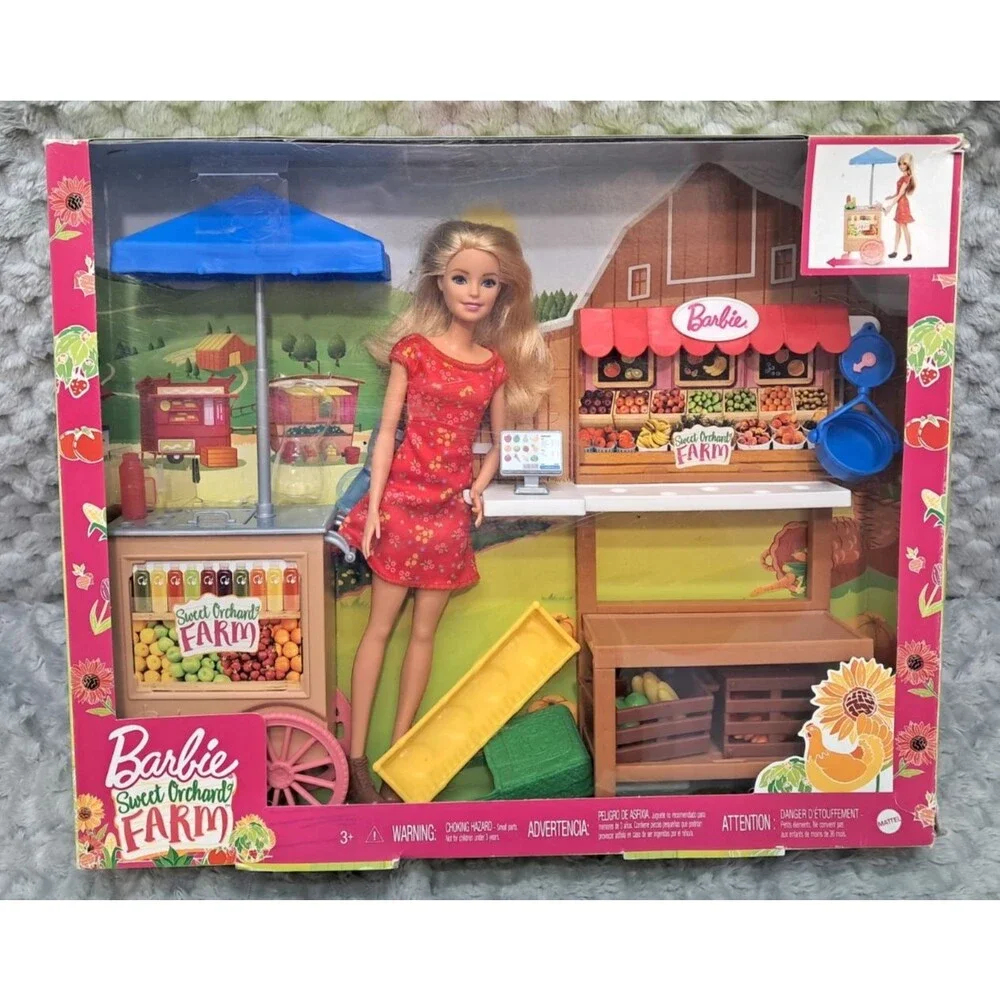 Barbie Sweet Orchard Farm Produce & Juice Stand Market 2019 with Box Fruit Doll